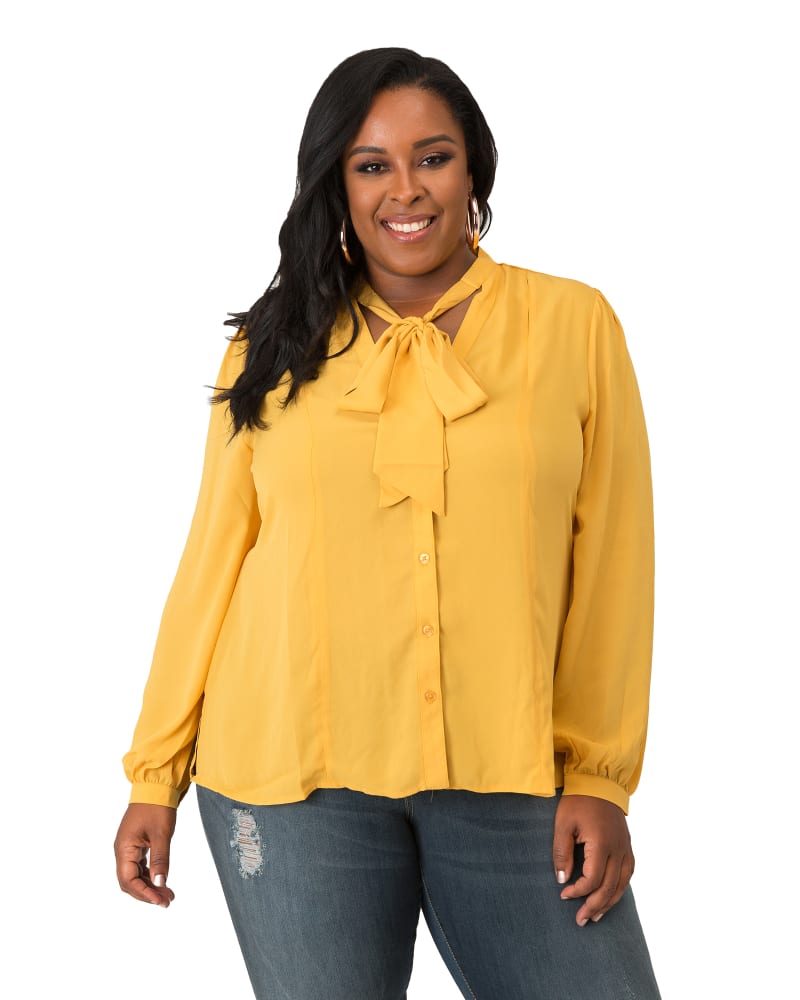 Front of a model wearing a size L Sarah Button Up Tie Neck Blouse in Mustard by Poetic Justice. | dia_product_style_image_id:275582